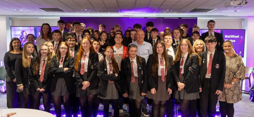 Pupils from Hetton Academy, Sunderland, Harton Academy, South Shields, and St Bede’s in Lanchester, Co Durham, with BMX gold medallist Beth Shriever and Sean Bowman, Regional Director, Retail Banking, NatWest North Region, at NatWest Thrive Live.