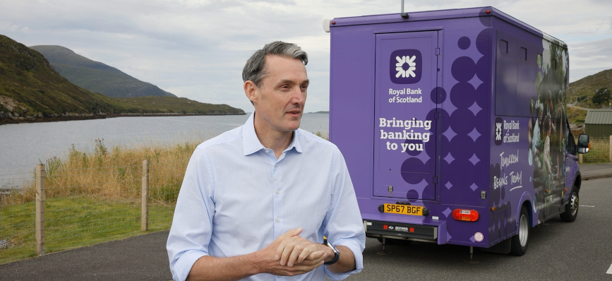 Paul Thwaite outside Royal Bank of Scotland’s mobile branch on Harris and Lewis.