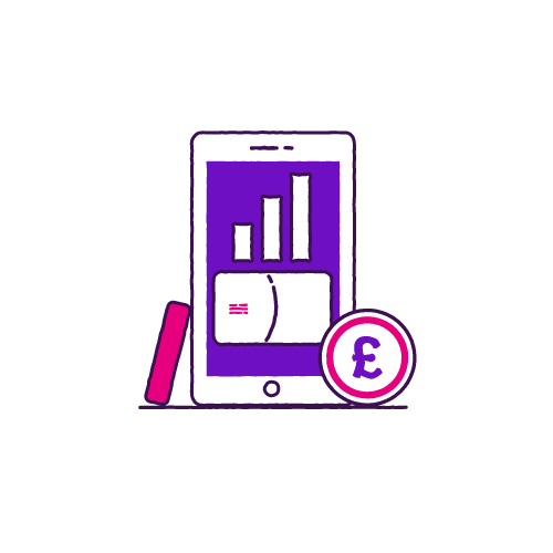 Illustration of a phone, coin and bar chart