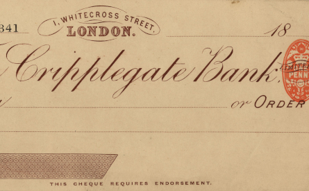 Detail from a cheque form of Cripplegate Bank Ltd, 1896
