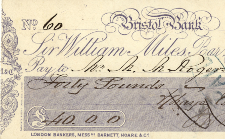 Detail from a cheque drawn on Sir William Miles, Bart. & Co, 1876