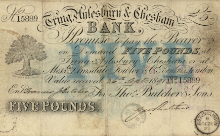 £5 note of Tring, Aylesbury & Chesham Bank, 1891 