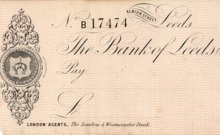 Unissued cheque form of Bank of Leeds, 1860s