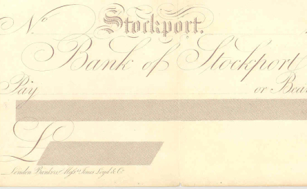 Cheque form of Bank of Stockport, 19th century