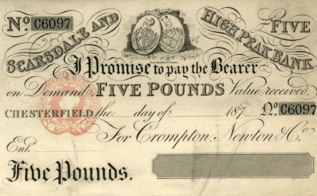 £5 note of Crompton, Newton, Waller & Co, 1870s