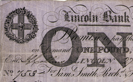 Detail from a £1 note of Samuel Smith, Richard & Henry Ellison, Lincoln Bank, 1826