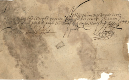 Cheque drawn on Thomas Smith, banker of Nottingham, 1705
