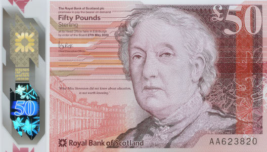 Front of the Royal Bank of Scotland £50 note, showing Flora Stevenson