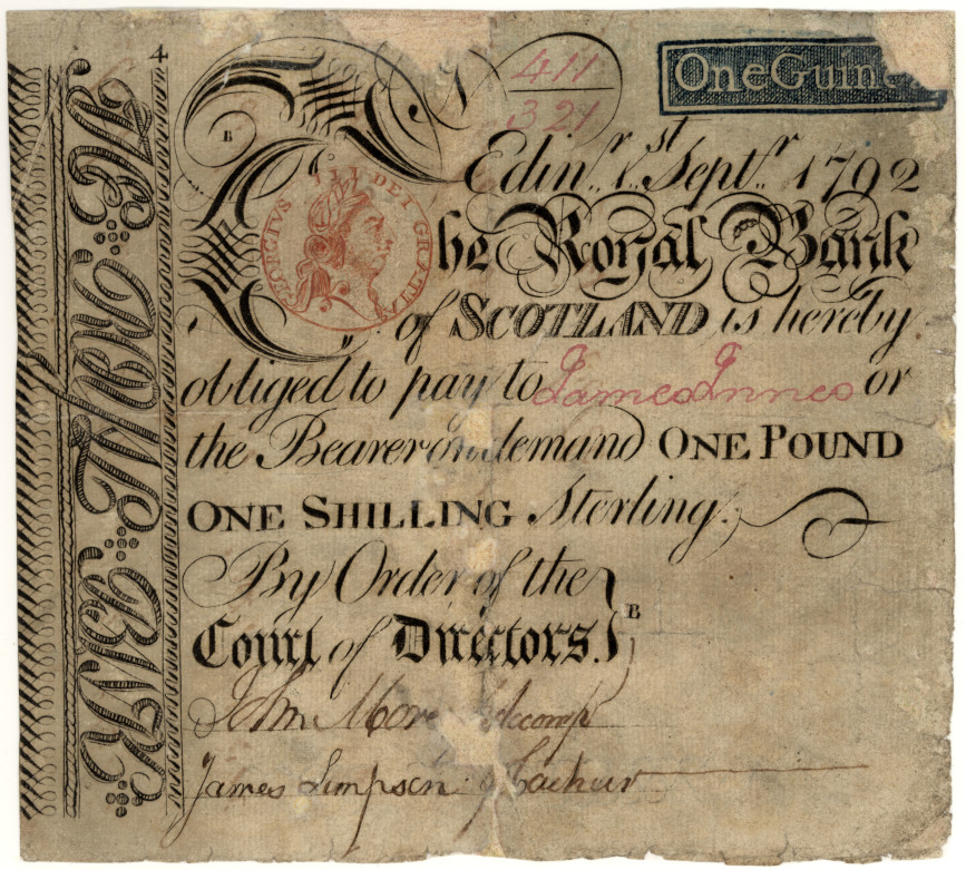 One guinea note of the Royal Bank of Scotland, 1792