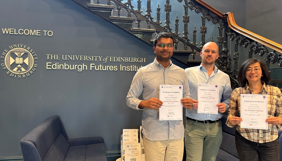 Rohan, Lee, and Sau Kwan holding their certificates for the AI and Data Ethics programme