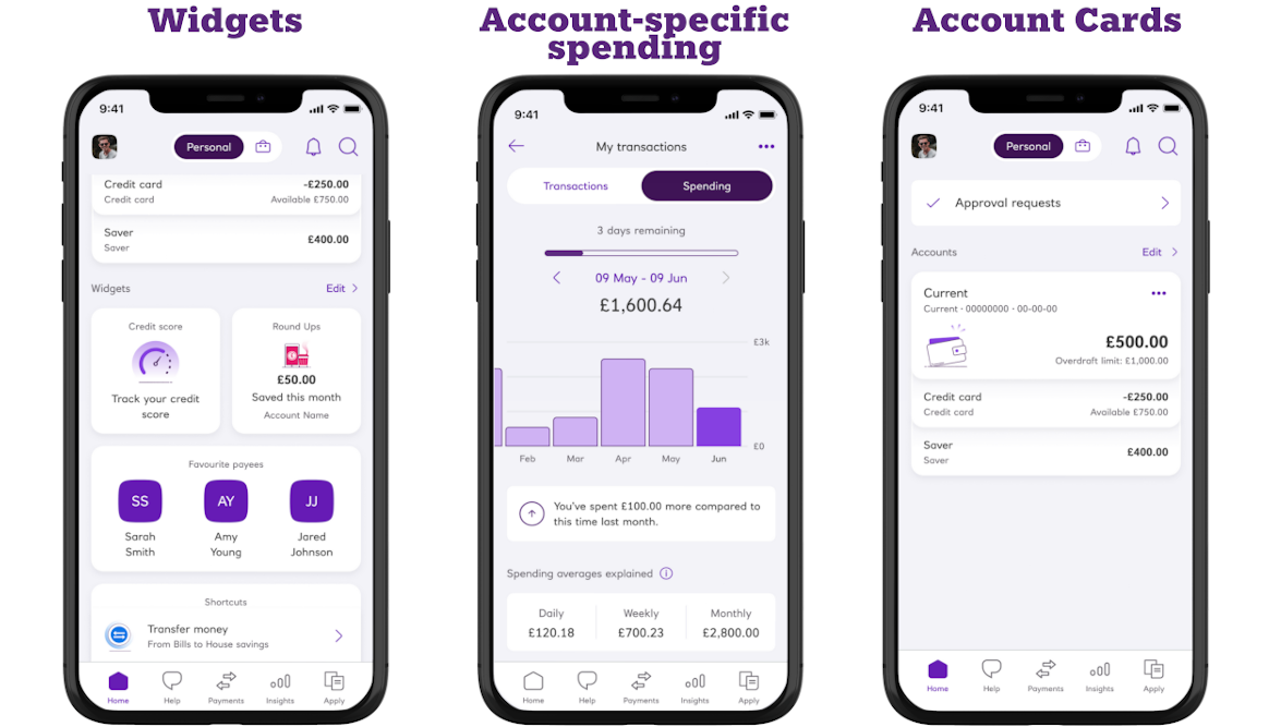 Screenshots of our new mobile app features: widgets, account-specific spending and account cards