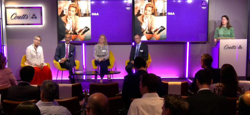 Claire Kane, Emma Crystal and other speakers on stage a the wealth/Coutts investor spotlight session