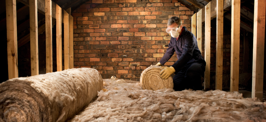 A man wearing a face mask and goggles installs insulation in an attic