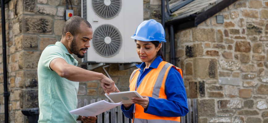  A man points at a tablet computer held by a woman wearing a hard hat and high-visibility jacket