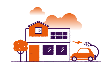 An illustration showing an electric car and its power lead outside a house