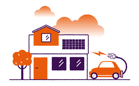 An illustration showing an electric car and its power lead outside a house