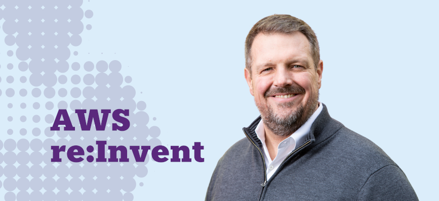 This image shows Zach Anderson on stage at AWS re:Invent 2023 