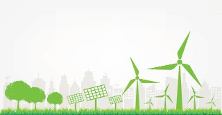 Green trees, solar panels and wind turbines