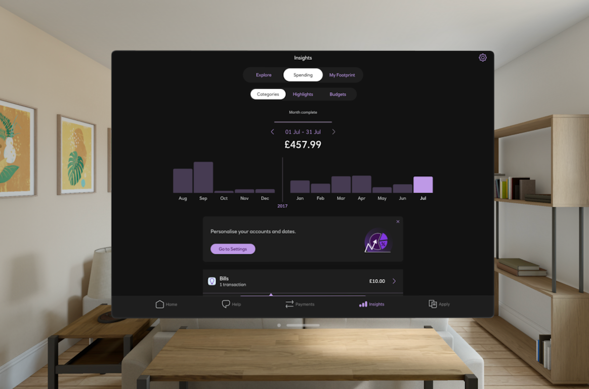 this image shows spending insights available in NatWest’s Vision Pro retail banking app.