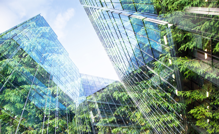 Glass building reflecting trees