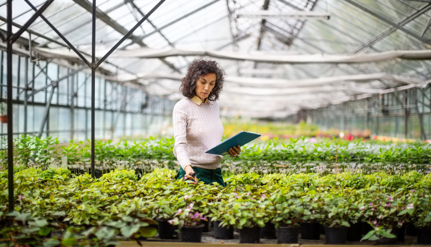 Person in a greenhouse with a clipboard