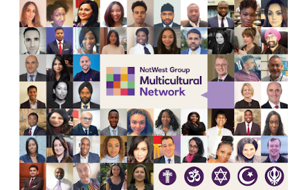 Tiled images of Multicultural Network members and religious symbols